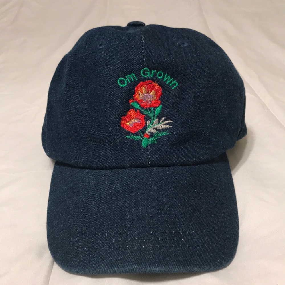 Om Grown Poppy Blue Jean Hat great for Yoga hair